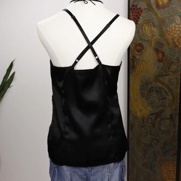 Y2K Brown Lace Halter Cami Top Floral Beaded Empire Bisou Bisou - Picture 3 of 10